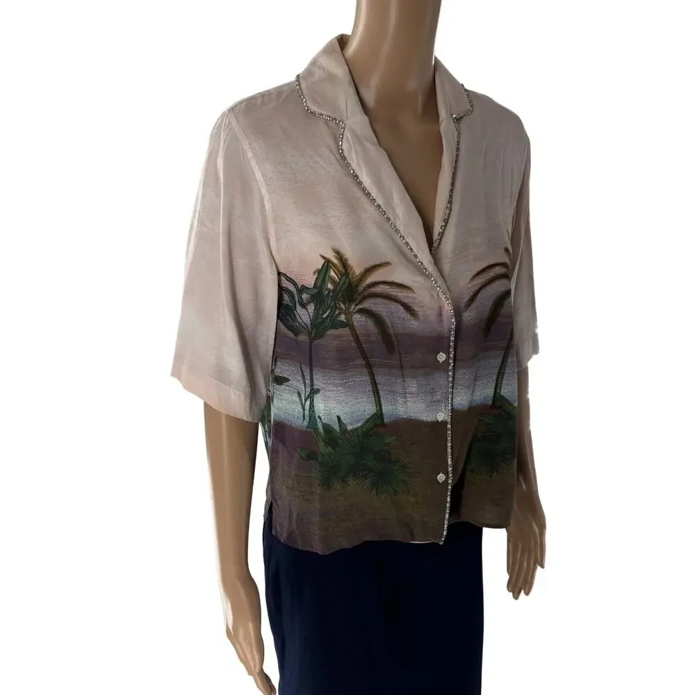 Sandro Paris Pink Embellished Tropical Hawaiian Button Down Top - Picture 6 of 12